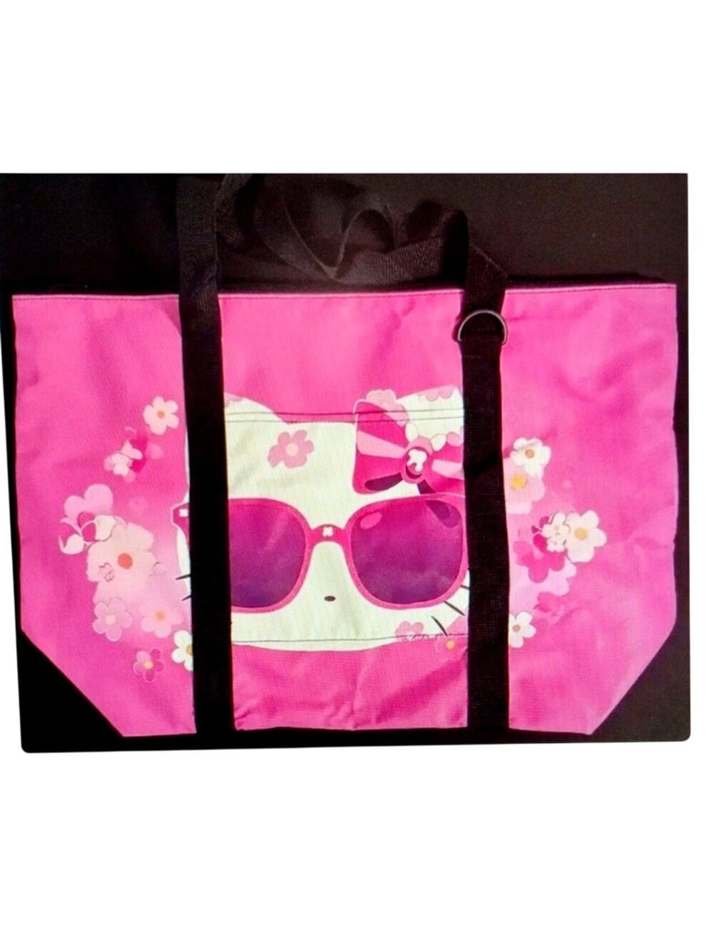 Hello Kitty Pink Floral Tote Bag w Sunglasses Graphic Zipper Top Carry Bag